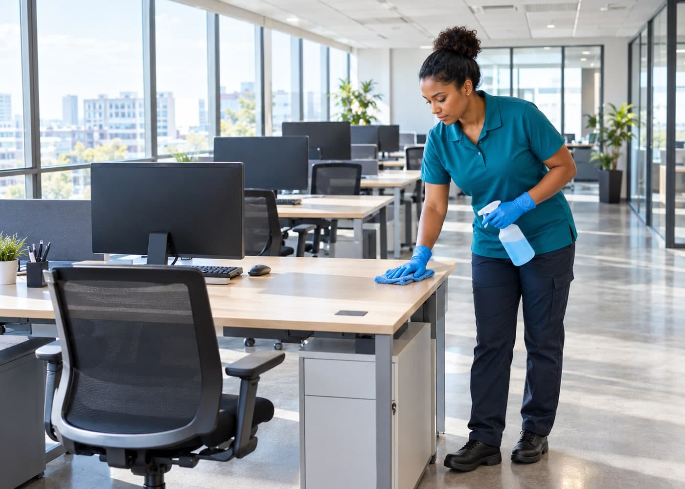 Agente d'entretien désinfectant un poste de travail en open space