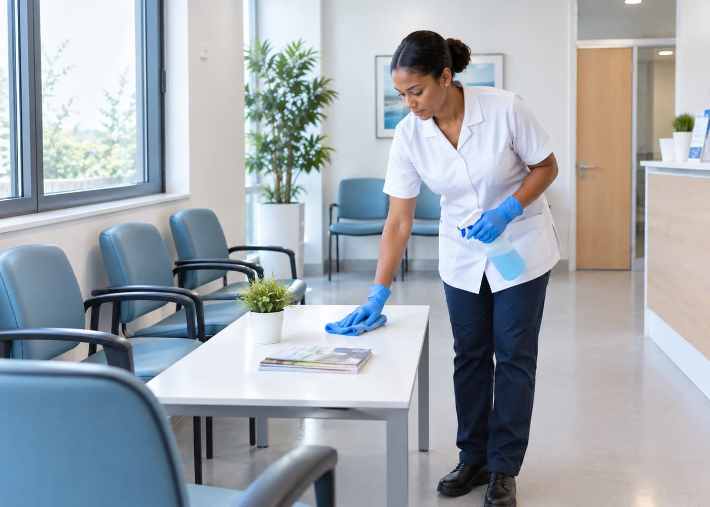 Agente d'entretien désinfectant la table d'une salle d'attente médicale