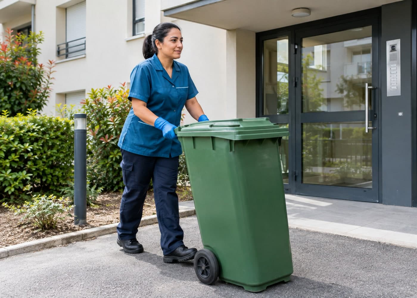 Agente d'entretien sortant un bac de collecte devant un immeuble