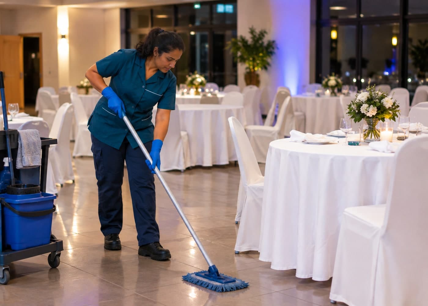 Agente d'entretien lavant le sol d'une salle après une réception