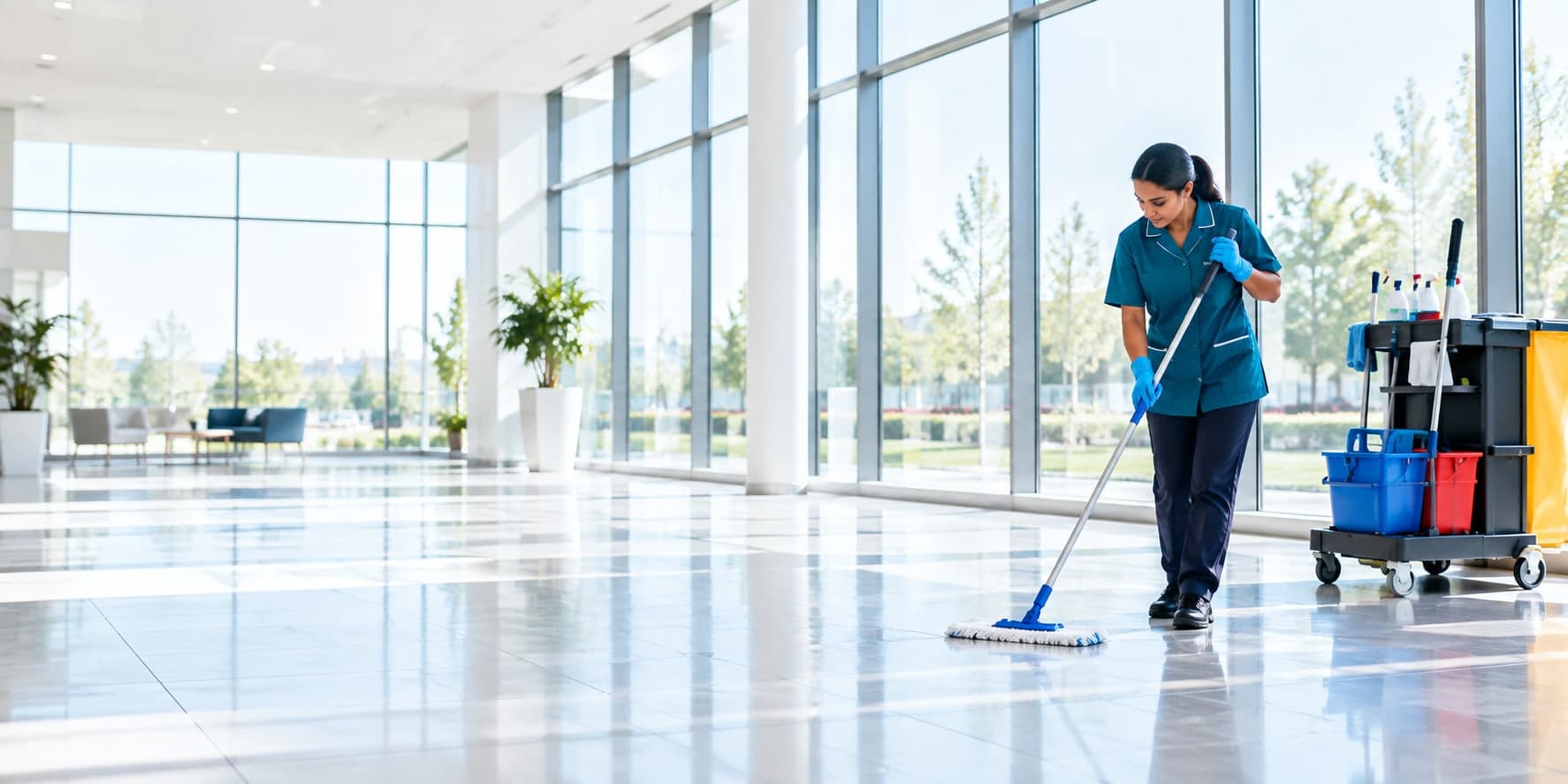 Agente Dumonteil Propreté lavant le sol d'un grand hall vitré