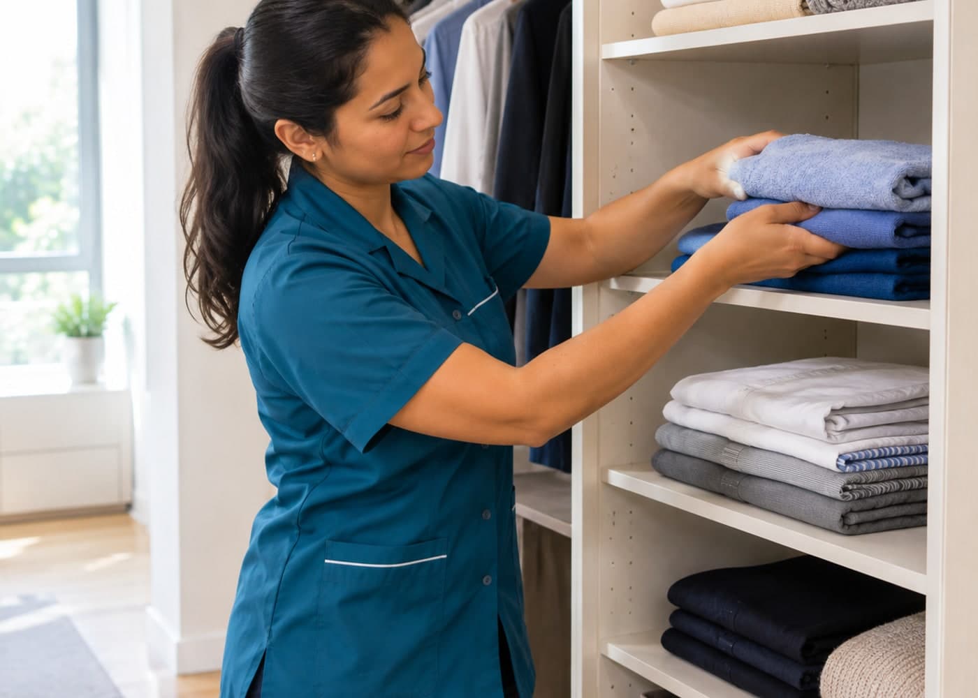 Agente d'entretien rangeant du linge dans une penderie