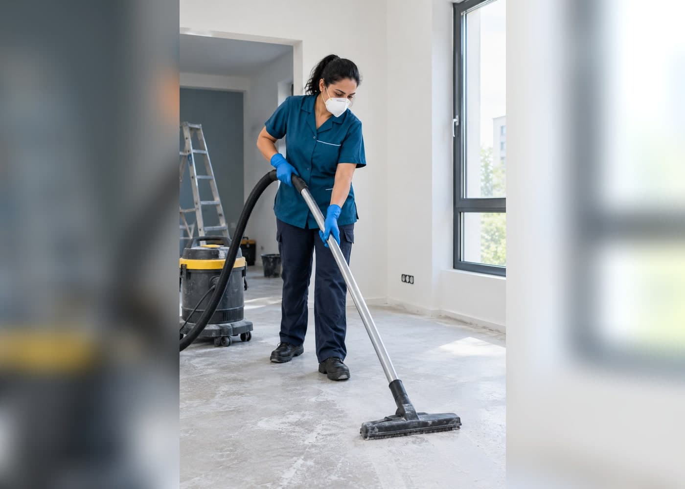 Agente d'entretien aspirant les poussières fines après des travaux